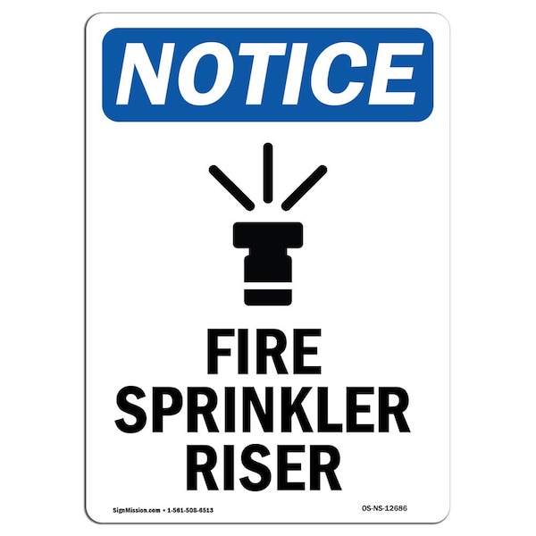 OSHA Sign, Fire Sprinkler Riser With Symbol, 18in X 12in Rigid Plastic, 12" W, 18" L, Portrait